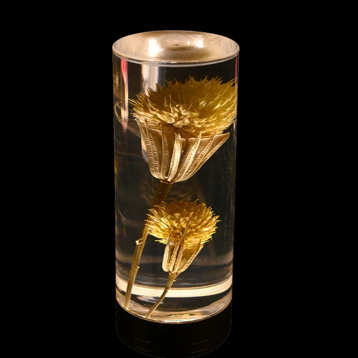 FloraGlow - LED Tischlampe mit blumenfülltem klarem Zylinderfuß