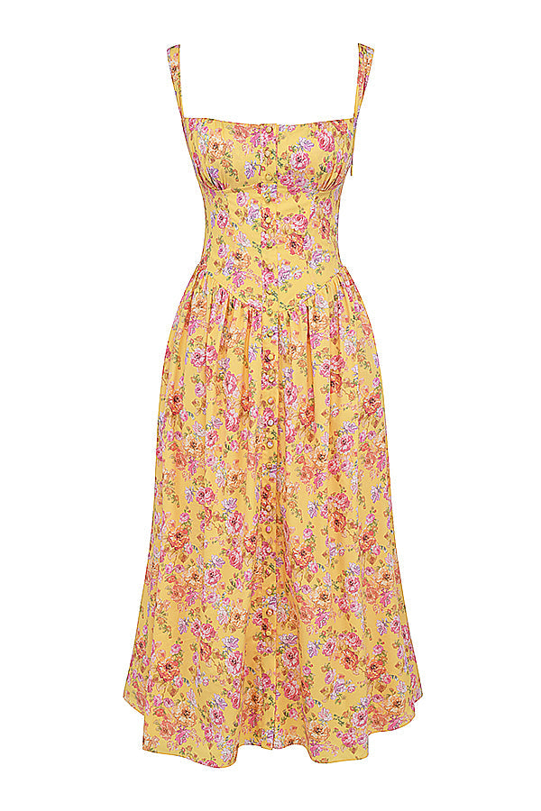 Nicole - Geblümter Schulterriemen Sweetheart Midikleid