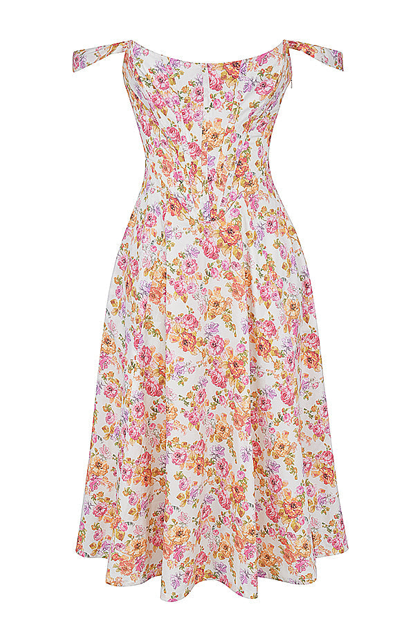 Nicole - Geblümter Schulterriemen Sweetheart Midikleid