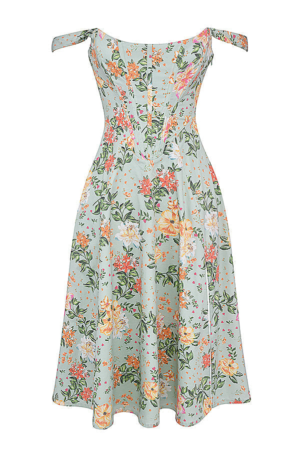 Nicole - Geblümter Schulterriemen Sweetheart Midikleid