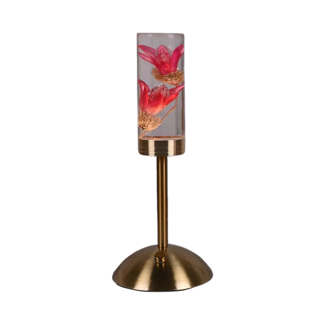 FloraGlow - LED Tischlampe mit blumenfülltem klarem Zylinderfuß
