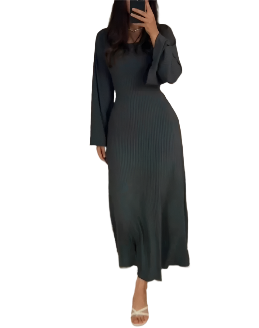 Leslie - Stretchbare gerippte Maxikleid mit Glockenärmeln