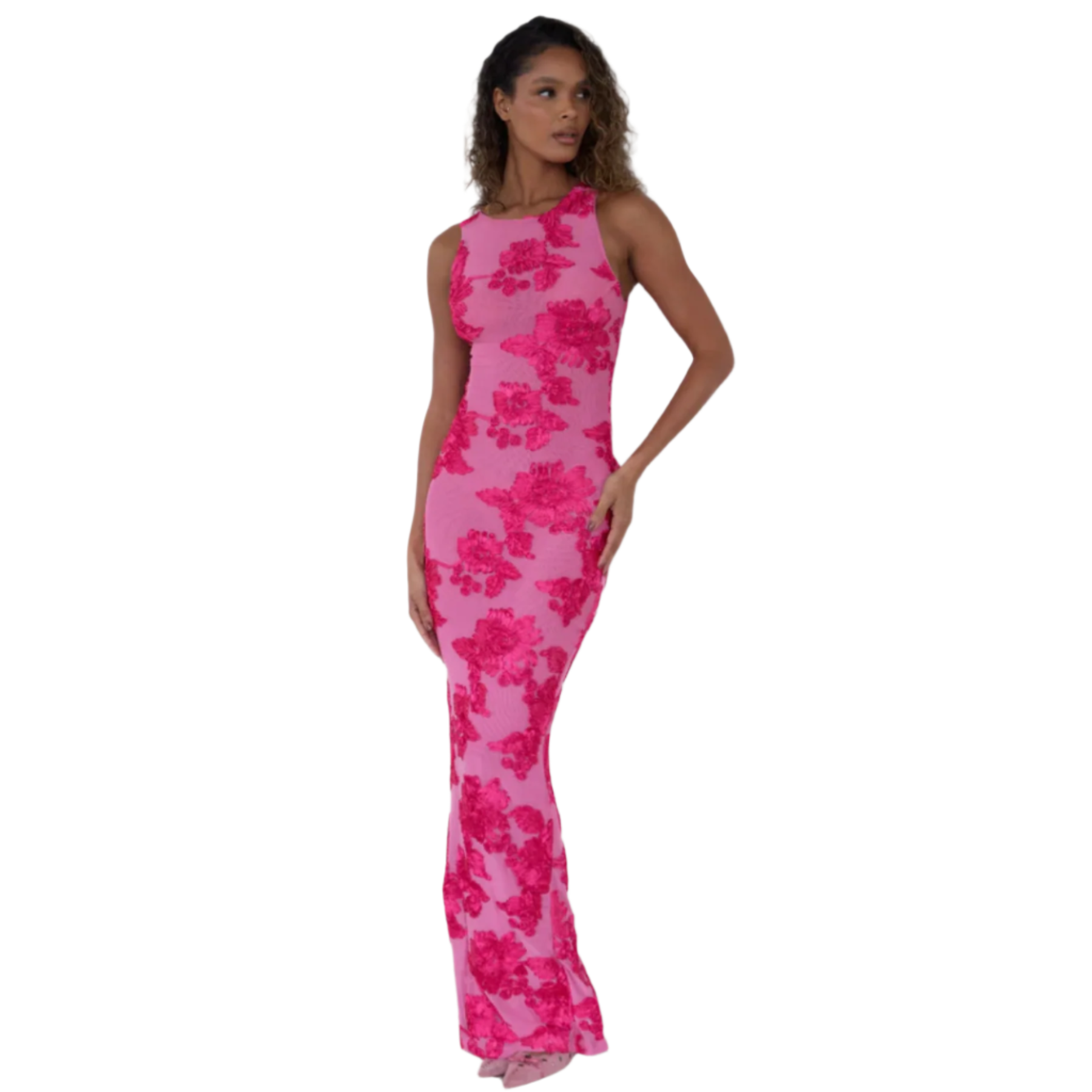 Stella - Pink Blumenmuster Maxikleid mit hohem Ausschnitt