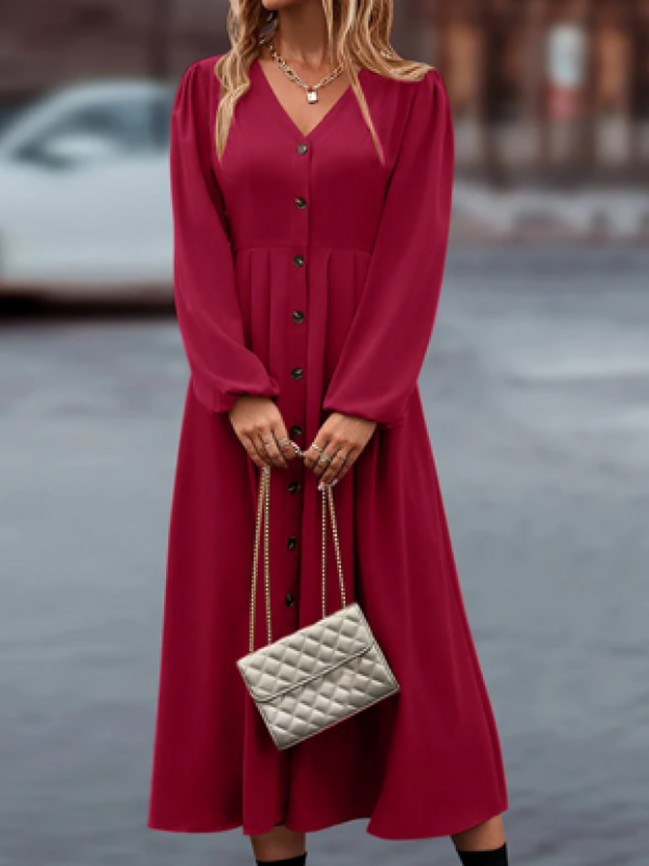 Amalie Elegante Midi-Kleider mit Puffärmeln und Knöpfen