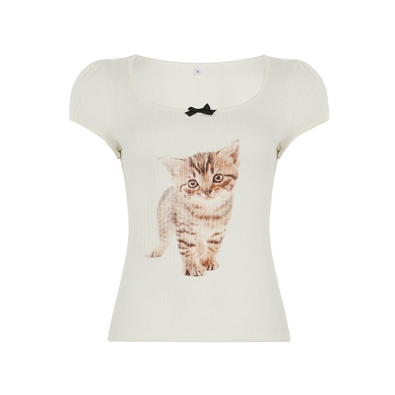 PuffMeow Puffärmel Katzenprint Top mit Schleifendetail