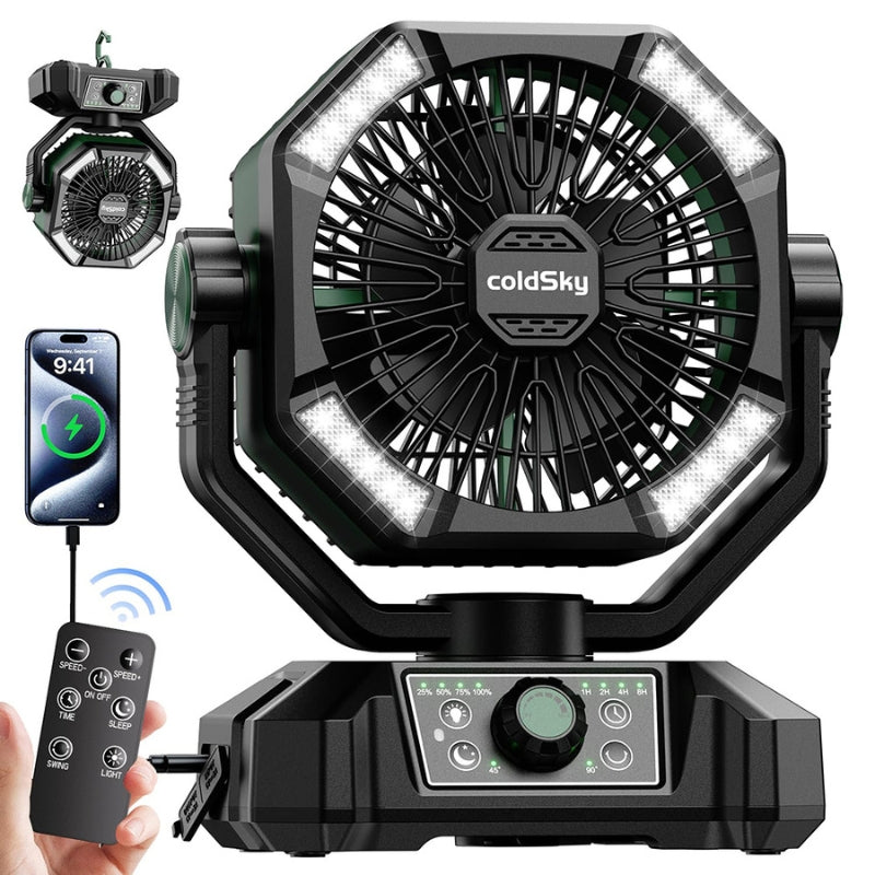 BreezeGlow - Tragbarer Ventilator mit LED-Licht und Fernbedienung