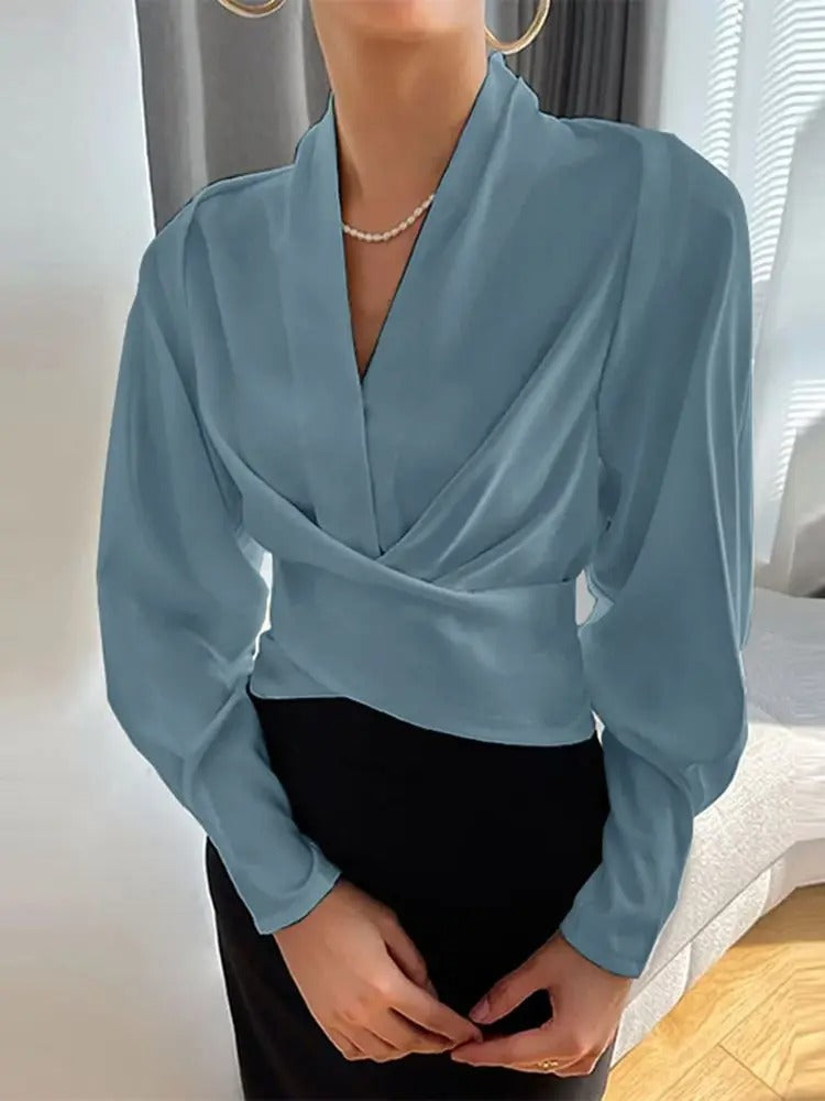 Amalie Elegante V-Ausschnitt Bluse mit Langen Puffärmeln – Damenbluse für Alltag und Festlichkeiten