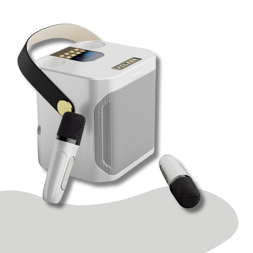 SingGo - Tragbarer Karaoke-Lautsprecher mit doppelten Mikrofonen und Telefonhalter