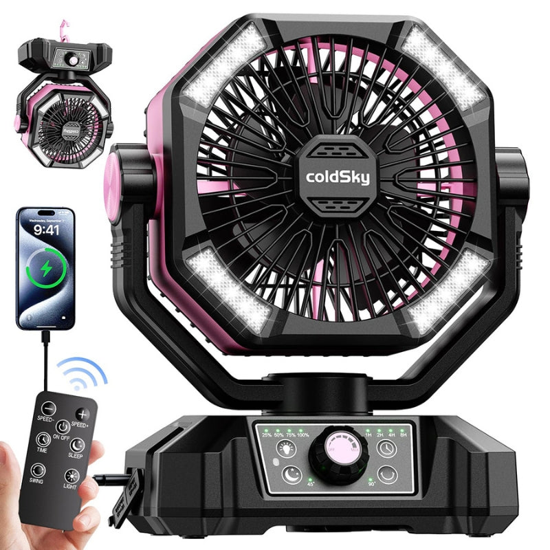 BreezeGlow - Tragbarer Ventilator mit LED-Licht und Fernbedienung