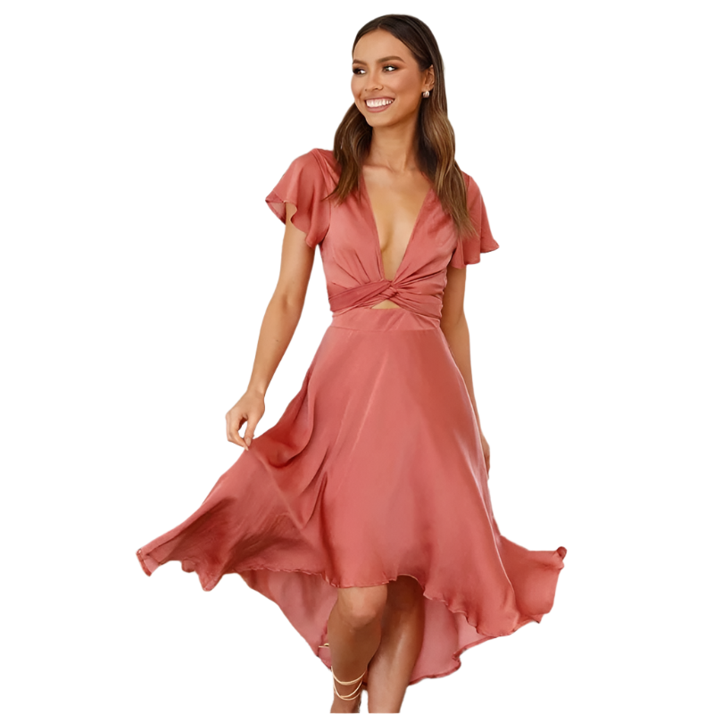 Deborah - Hoch-Tief Midikleid mit Knotentaille und schwingenden Ärmeln
