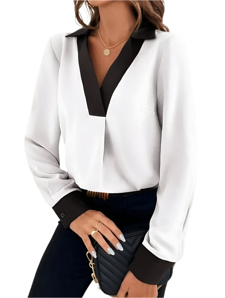 Alexandra - Elegante Bluse mit V-Ausschnitt und schickem Kontrast