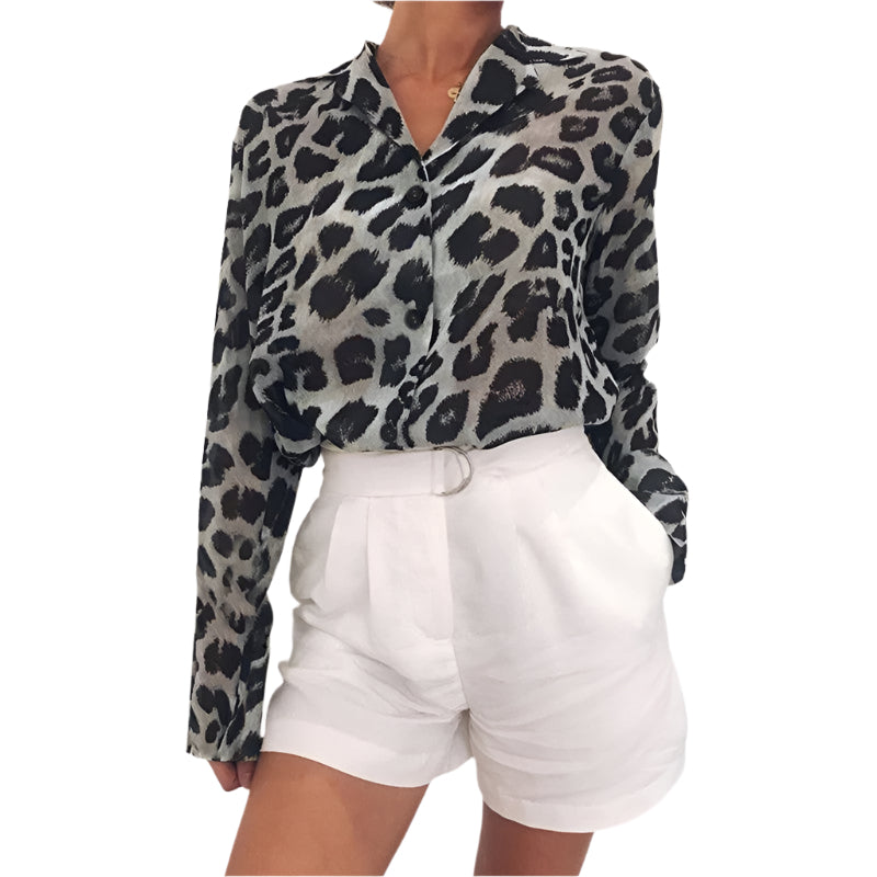 Hanna Leopardenmuster Bluse mit Langarm und Hemdkragen