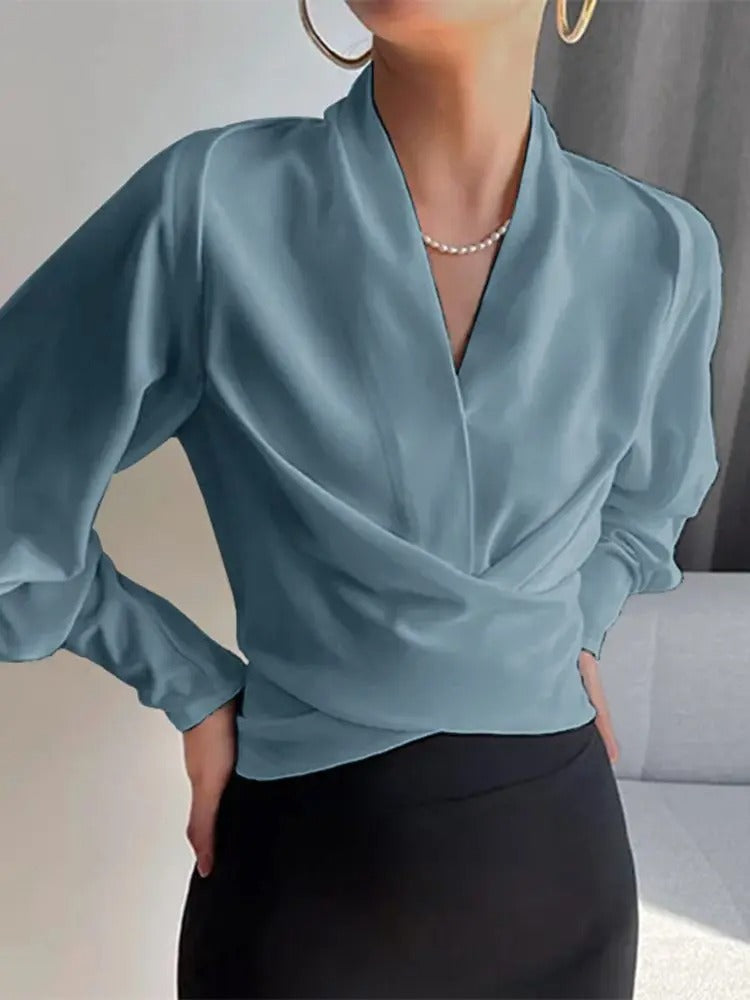 Amalie Elegante V-Ausschnitt Bluse mit Langen Puffärmeln – Damenbluse für Alltag und Festlichkeiten