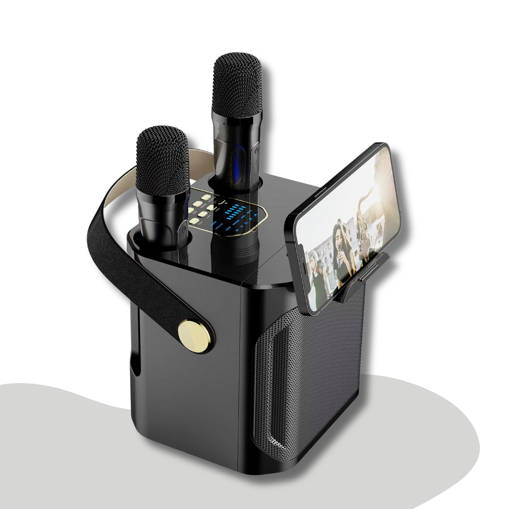 SingGo - Tragbarer Karaoke-Lautsprecher mit doppelten Mikrofonen und Telefonhalter