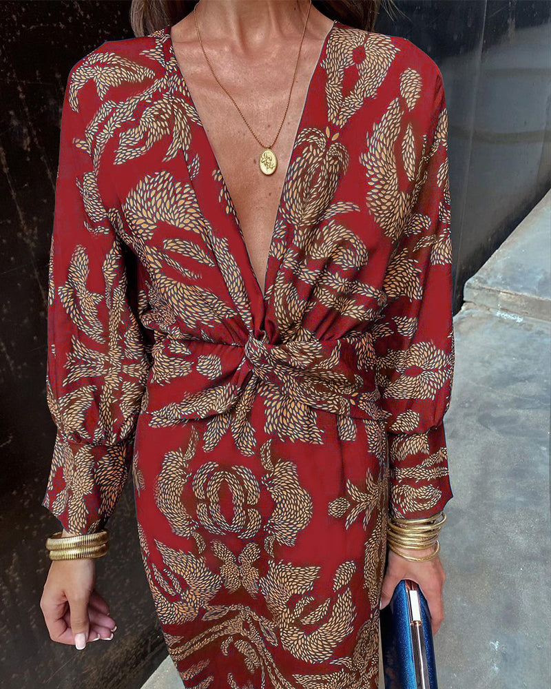 Donna - Langärmliges Midikleid mit V-Ausschnitt und Knoten vorne