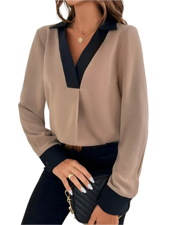 Alexandra - Elegante Bluse mit V-Ausschnitt und schickem Kontrast