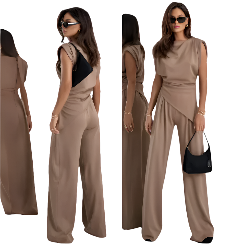 FlowEase Damen-Set mit lockerer Passform in zwei Teilen – asymmetrischer Top und Hose mit weitem Bein