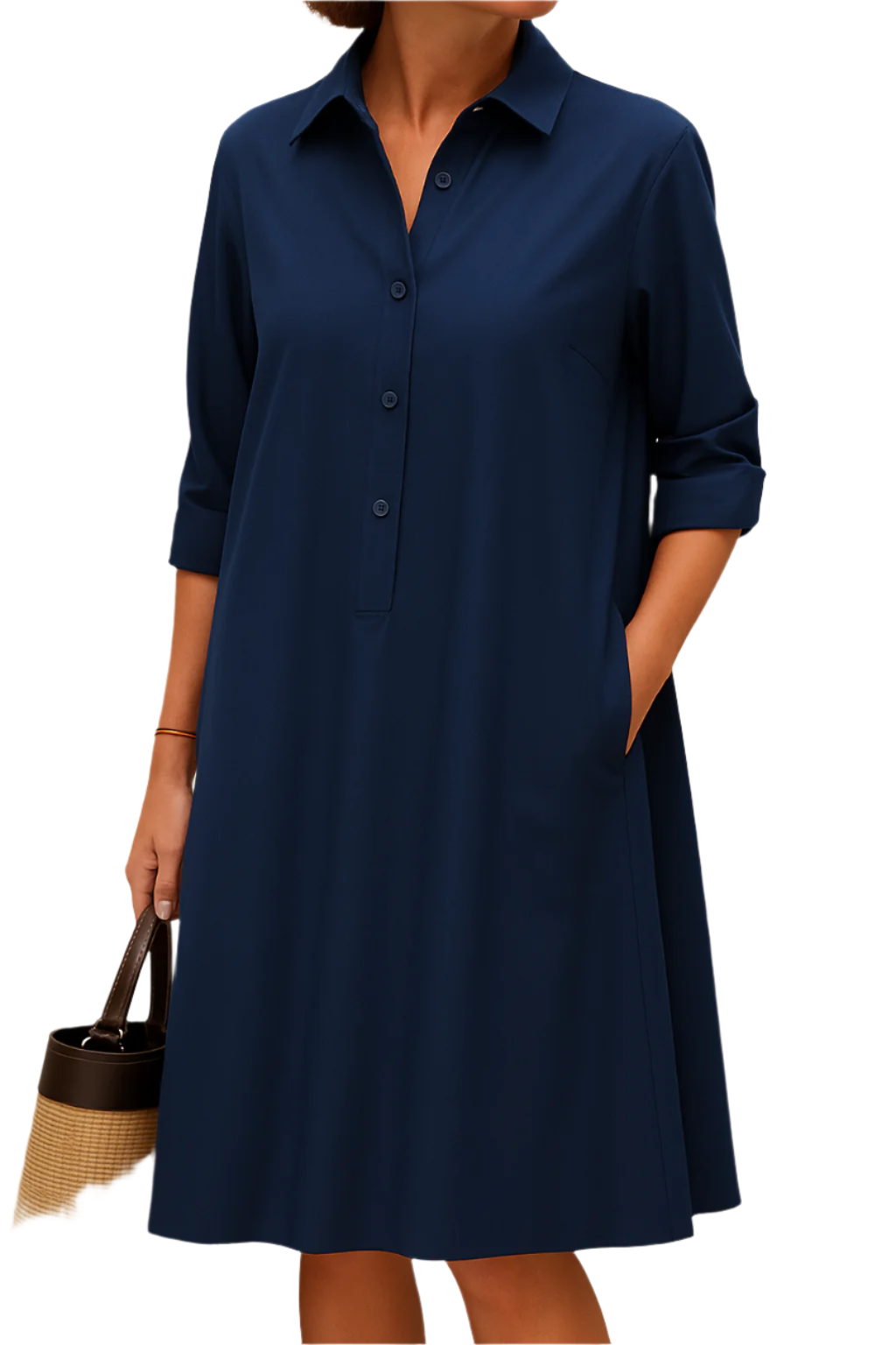 NavyEase Mittellange Hemdblusenkleid – Lässiger Chic mit Teilweise Knopfverschluss vorne