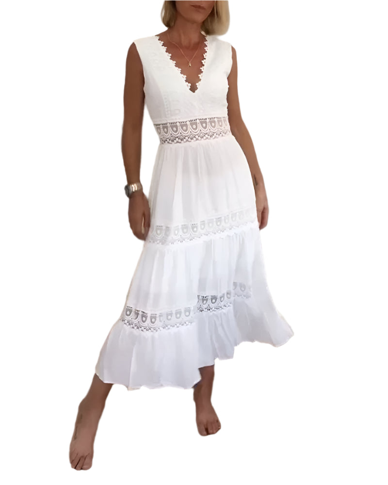 Amalie | Ärmelloses Sommerkleid mit V-Ausschnitt und Spitzenbesatz für Frauen