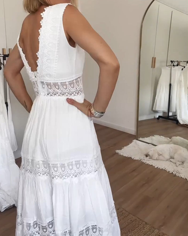 Amalie | Ärmelloses Sommerkleid mit V-Ausschnitt und Spitzenbesatz für Frauen