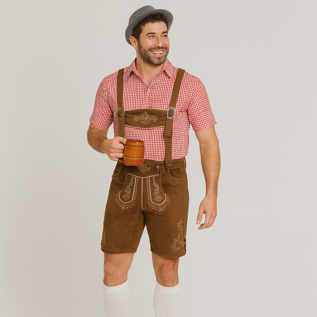 Herren Trachten Set – Kurze Lederhose mit Stickerei & Karohemd fürs Oktoberfest