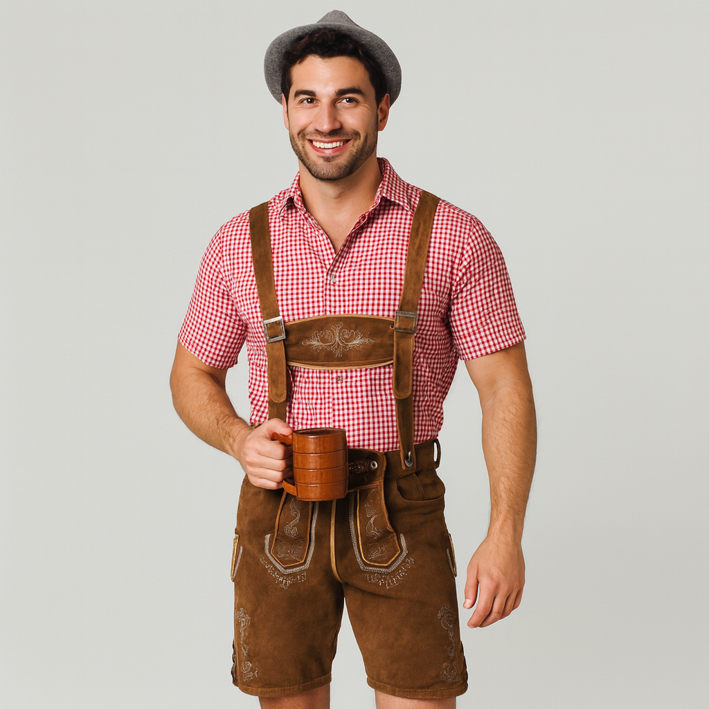 Herren Trachten Set – Kurze Lederhose mit Stickerei & Karohemd fürs Oktoberfest