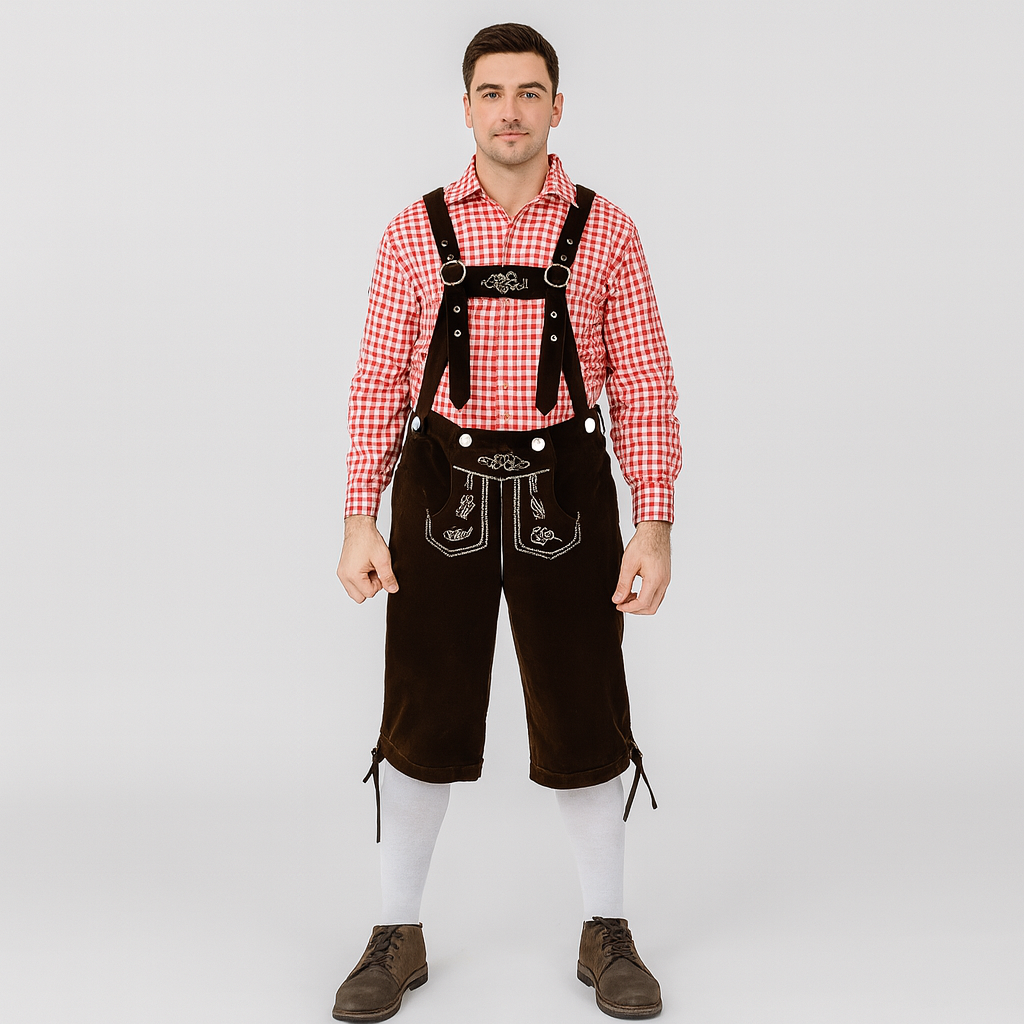 Herren Trachtenoutfit – Kniebundlederhose mit Stickerei & Karohemd fürs Oktoberfest