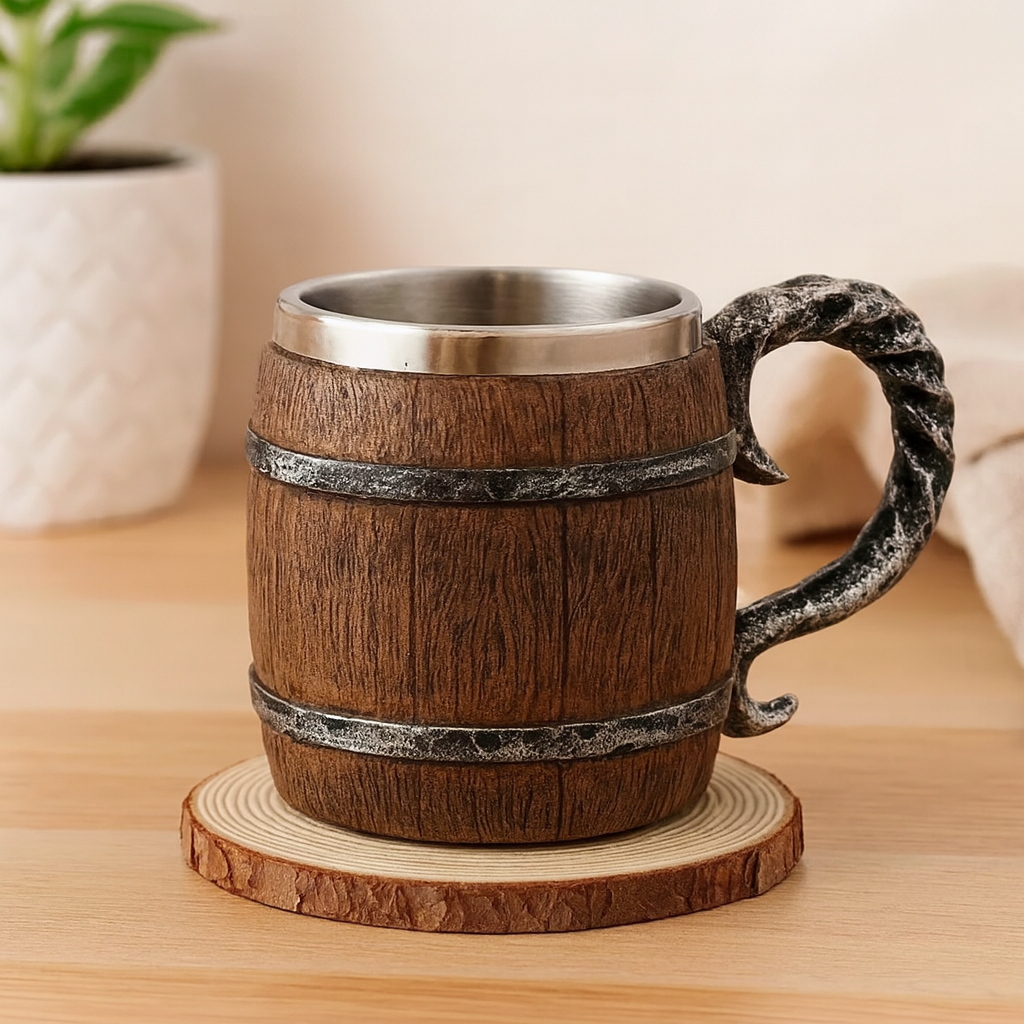 Handgemachter Holzfass-Bierkrug – Edelstahl & Wasserdicht, Ideal für Oktoberfest
