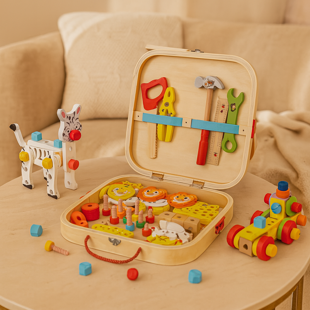 Holz-Werkzeugkasten-Set für Kinder – Tier-Montagespielzeug für Kreativität und Feinmotorik