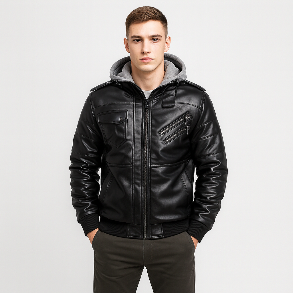 Damon Herren PU-Lederjacke – Urbaner Mantel mit Kapuze und vielen Taschen