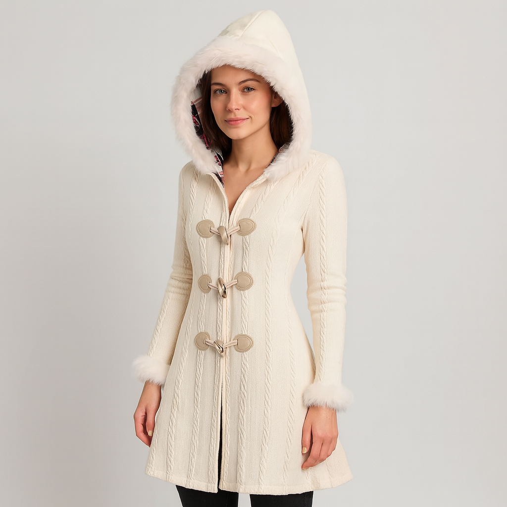 Selena | Damen-Kapuzenmantel mit kariertem Patchwork und Hornknöpfen