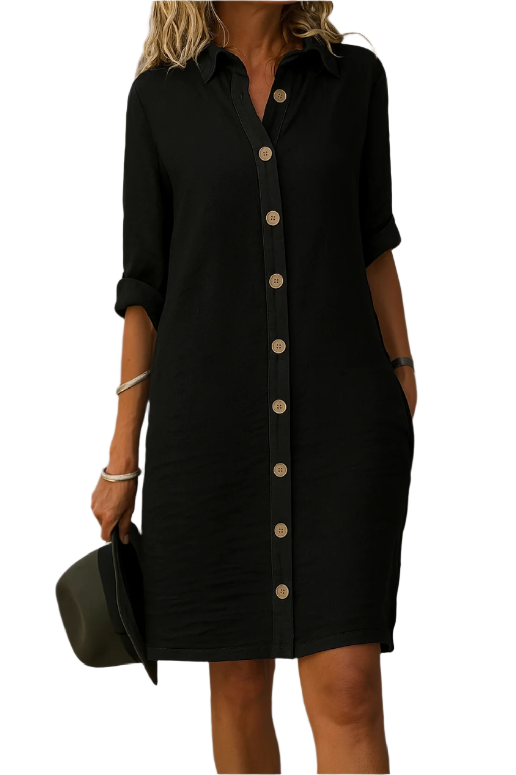 UrbanEase Midi-Blusenkleid mit Knöpfen vorne – Moderner schwarzer Hemdkleid mit knielangem Schnitt