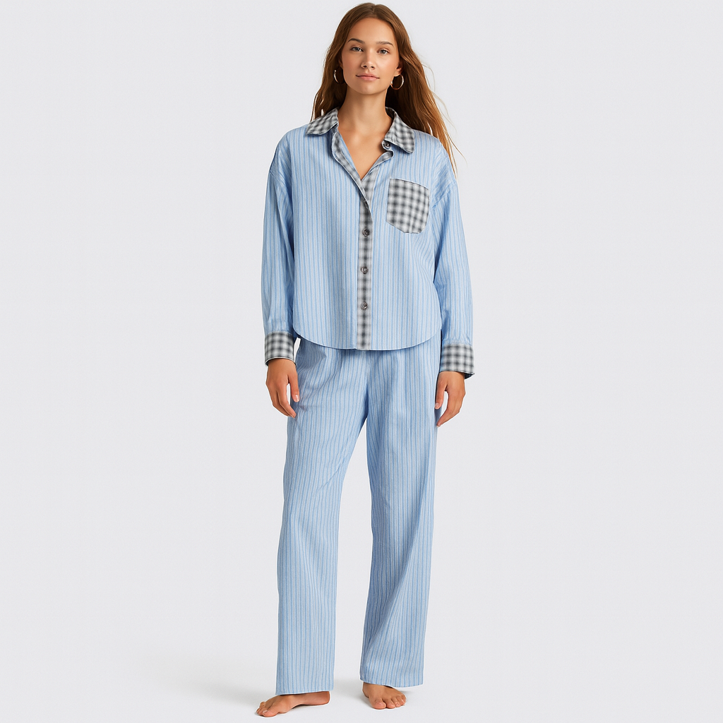 Marcelline | Set aus kariertem Langarmhemd und Hose mit weitem Bein