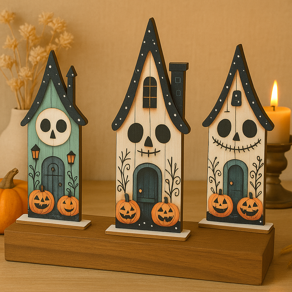 Holzfiguren Halloween Set – 3 Stück Bunte 2D Holzdekorationen