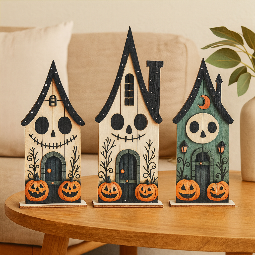 Holzfiguren Halloween Set – 3 Stück Bunte 2D Holzdekorationen