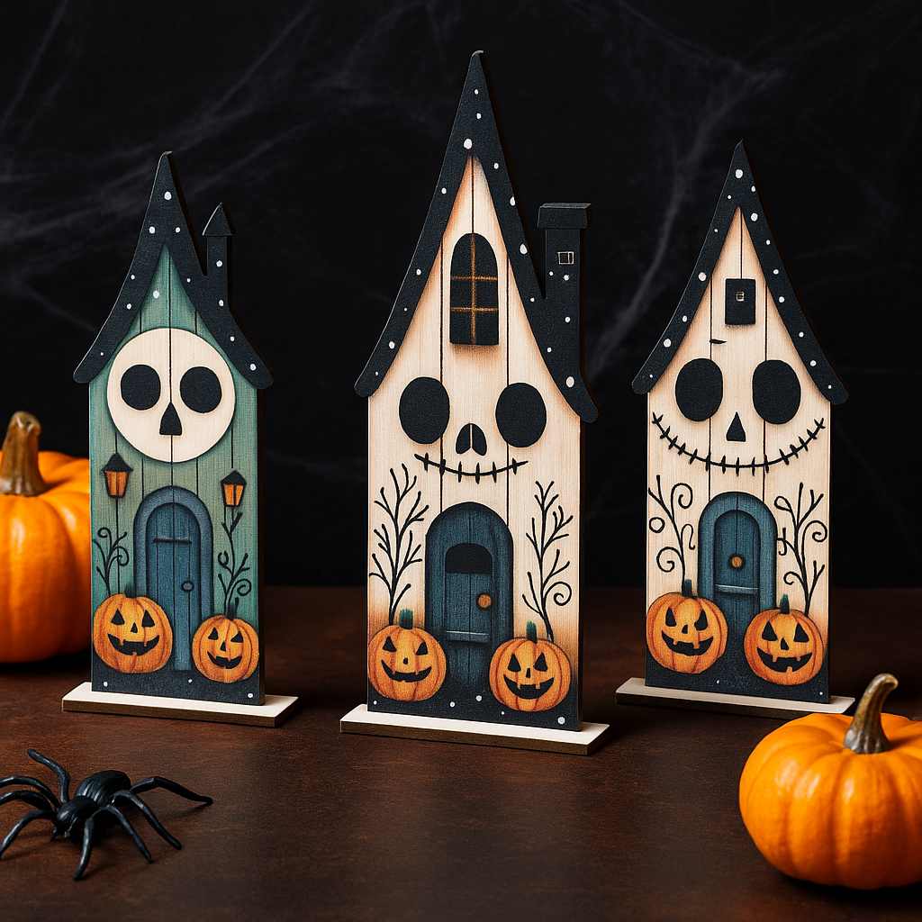 Holzfiguren Halloween Set – 3 Stück Bunte 2D Holzdekorationen
