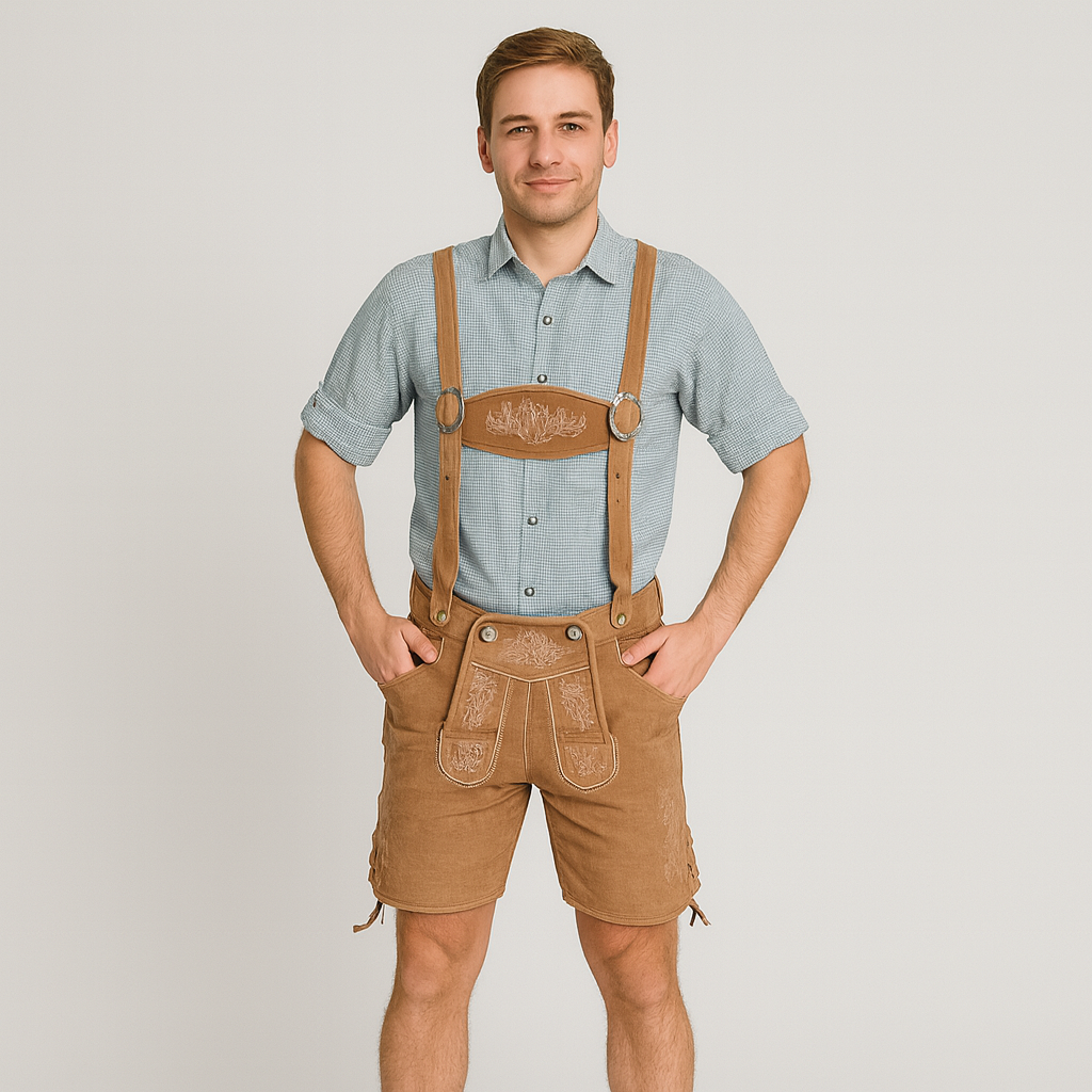 Herren Trachtenoutfit – Helle Lederhose mit Trägern & Grünes Karohemd fürs Oktoberfest