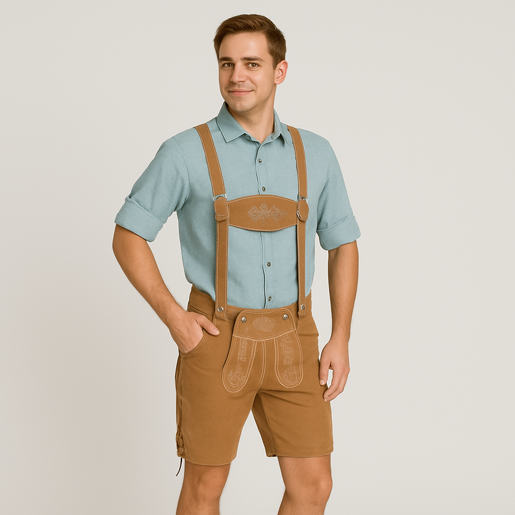 Herren Trachtenoutfit – Helle Lederhose mit Trägern & Grünes Karohemd fürs Oktoberfest