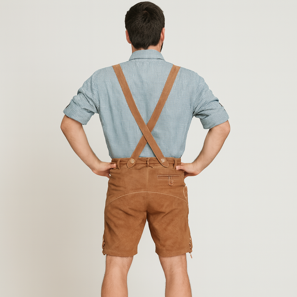Herren Trachtenoutfit – Helle Lederhose mit Trägern & Grünes Karohemd fürs Oktoberfest