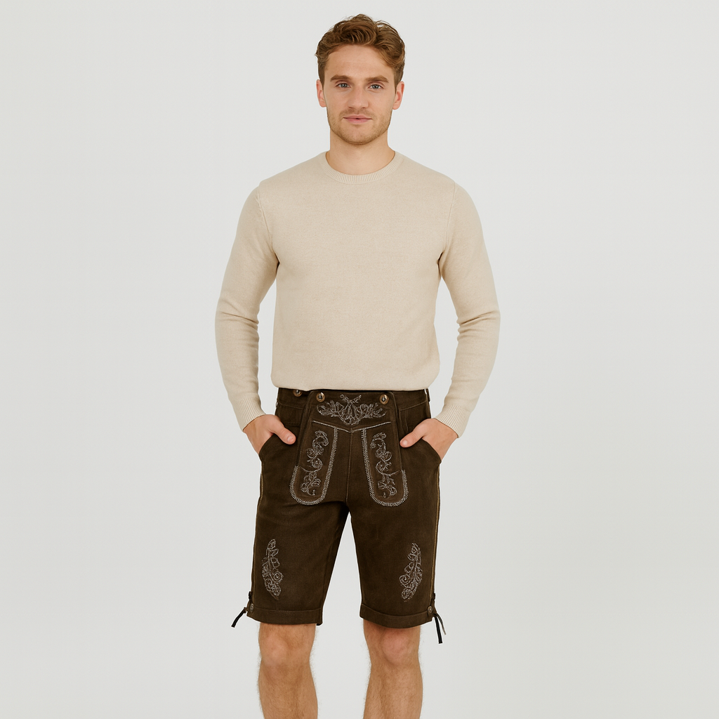 Kniebundlederhose Herren – Traditionelle Trachtenhose mit Stickerei & Schnürung fürs Oktoberfest