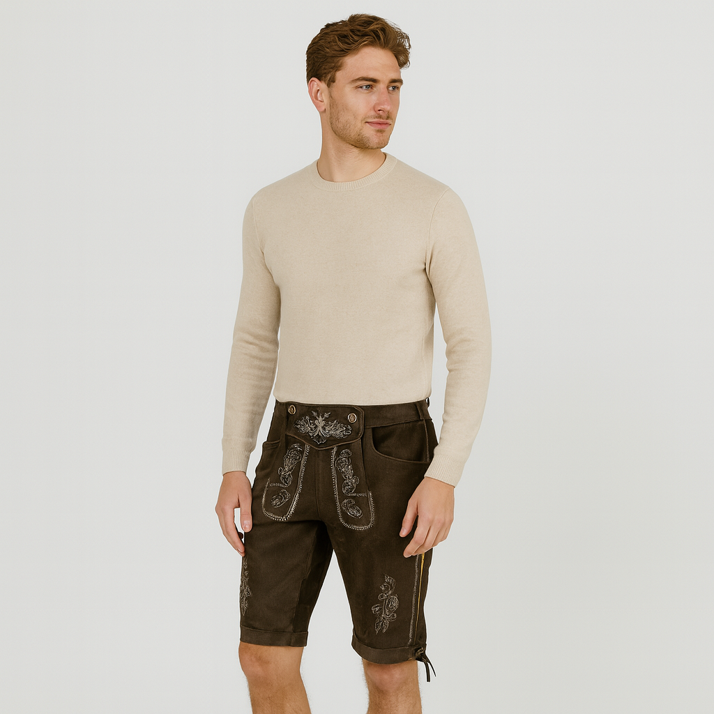 Kniebundlederhose Herren – Traditionelle Trachtenhose mit Stickerei & Schnürung fürs Oktoberfest