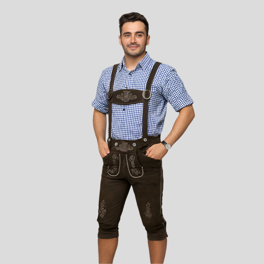 Kniebundlederhose Herren – Dunkelbraune Trachtenhose mit Trägern aus Echtleder fürs Oktoberfest