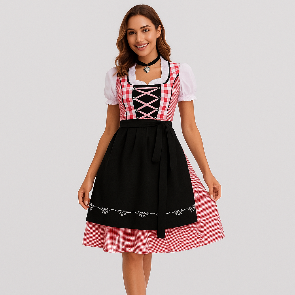 Bayerisches Dirndl Kleid – Rotes Karomuster im Biermädchen-Stil für Oktoberfest