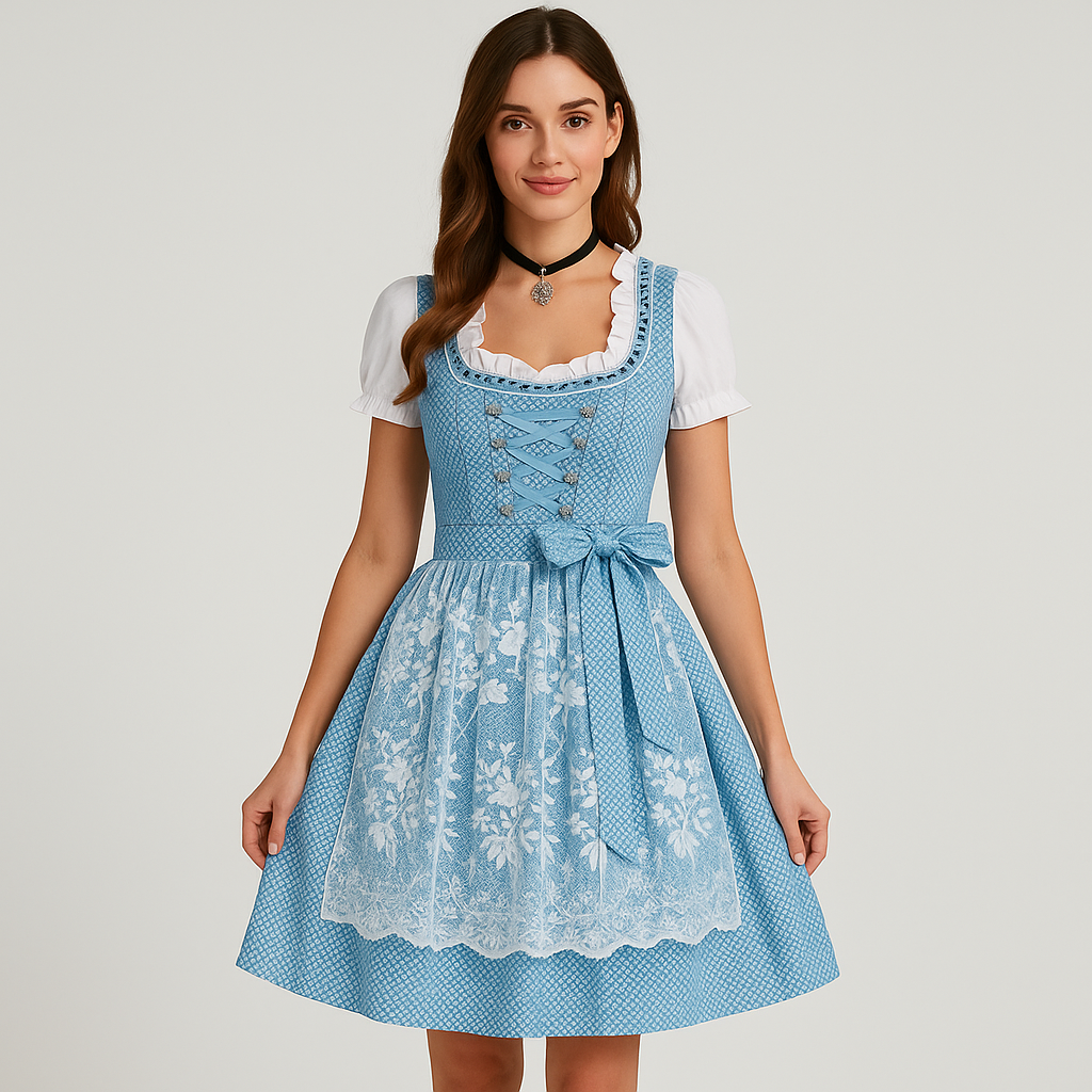 Elegantes Dirndl Damen – Blau-Weiß mit Punktmuster & Festlicher Schleife