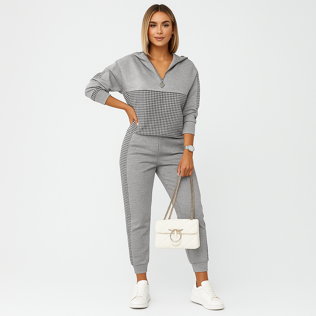 Schicker 2-teiliger Trainingsanzug für Damen – Kariertes Reißverschlussoberteil & schmal zulaufende Hose mit Seitenstreifen