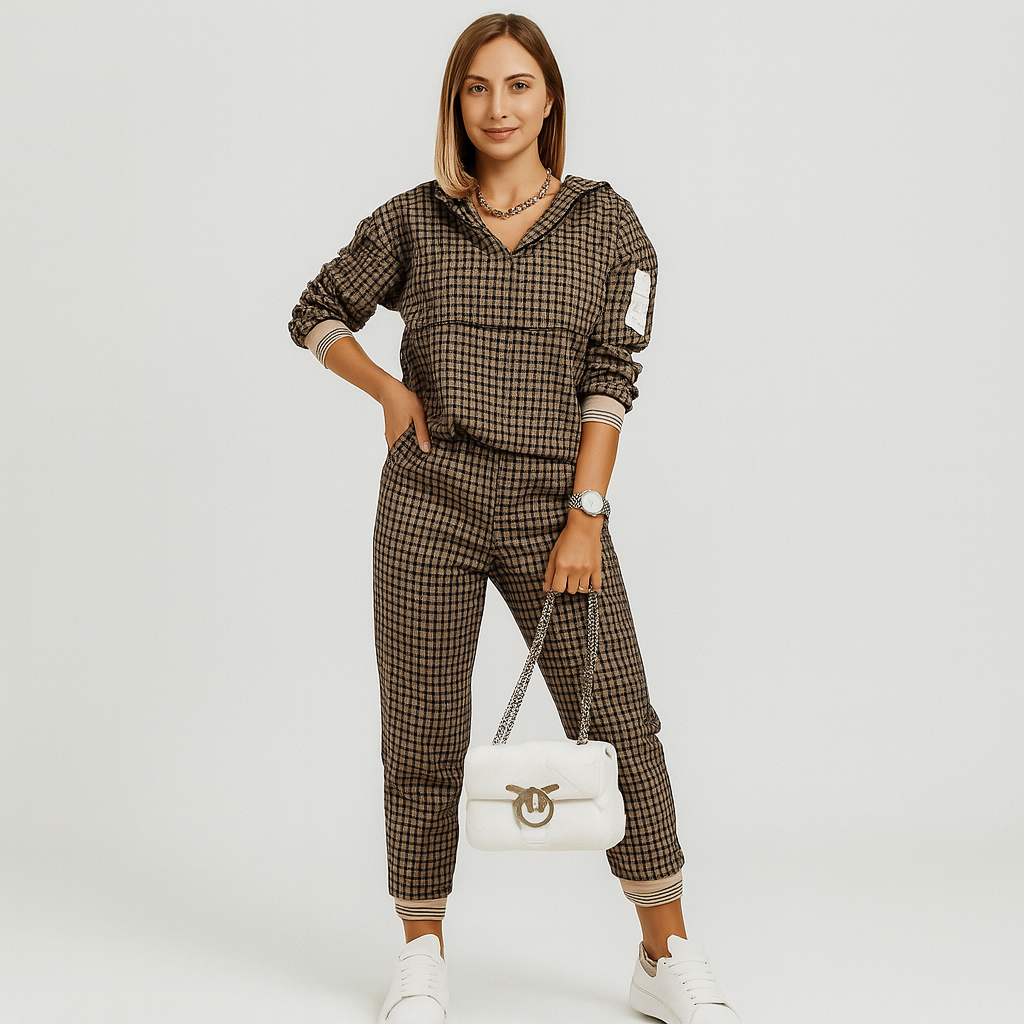 Schicker 2-teiliger Trainingsanzug für Damen – Kariertes Reißverschlussoberteil & schmal zulaufende Hose mit Seitenstreifen