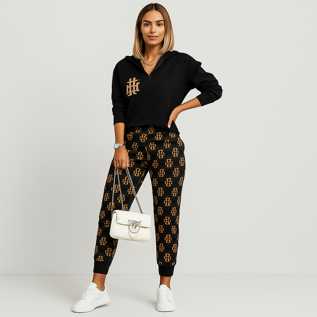 Schicker 2-teiliger Trainingsanzug für Damen – Kariertes Reißverschlussoberteil & schmal zulaufende Hose mit Seitenstreifen