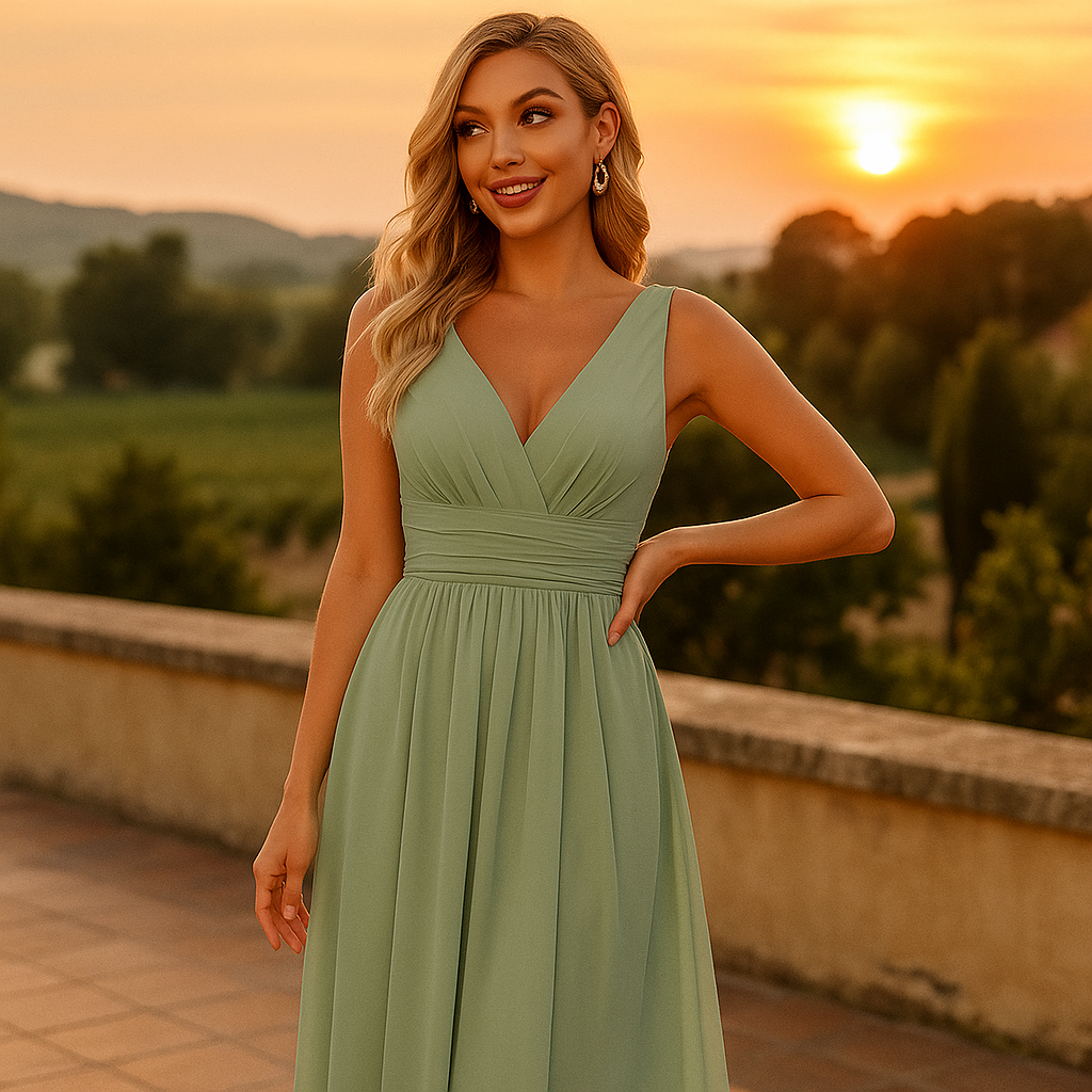 Gisele Maxikleid – Elegantes A-Linien Damenkleid mit V-Ausschnitt