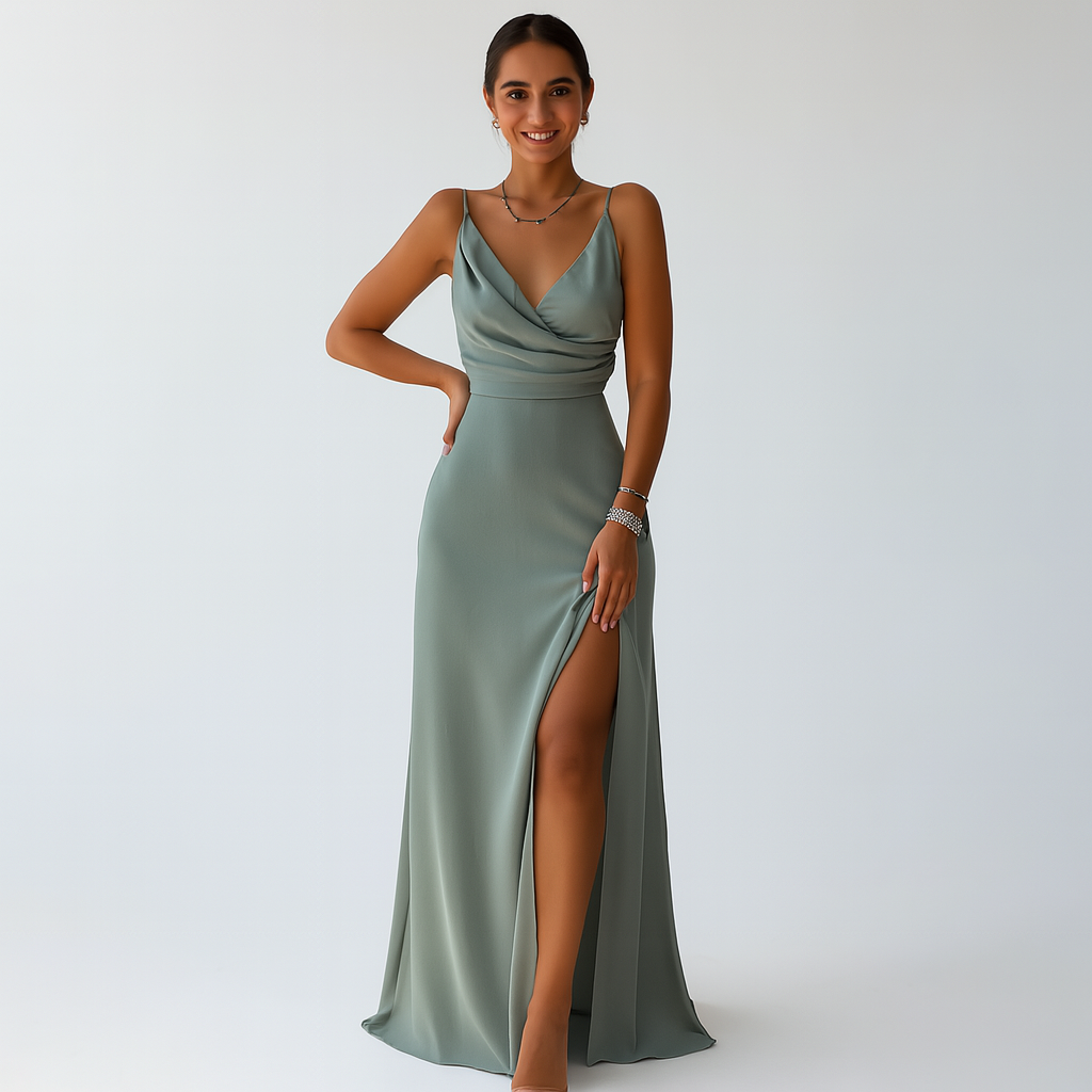 Luxuriöses Satinkleid lang – Abendkleid Damen mit Beinschlitz
