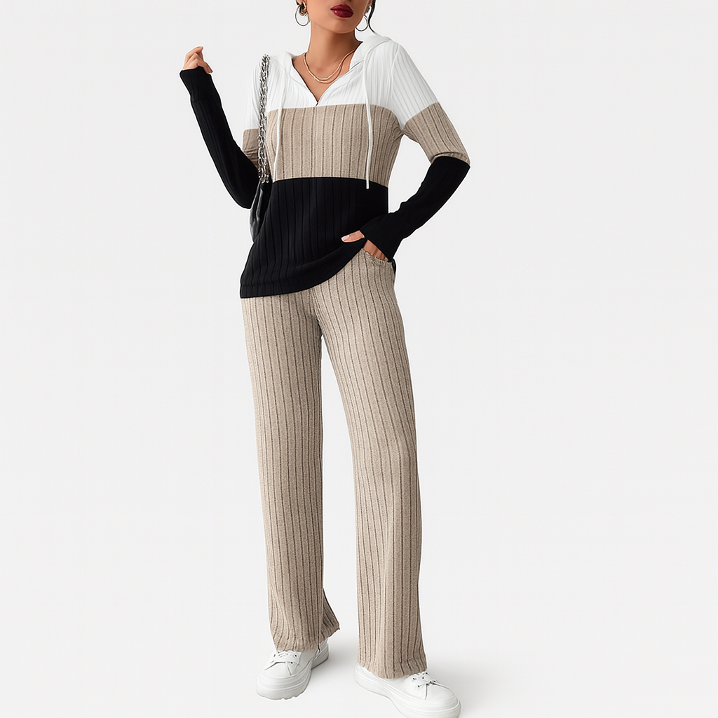 Damen Zweiteiler mit Reißverschluss – Gestreiftes Top & High-Waist Hose mit weitem Bein